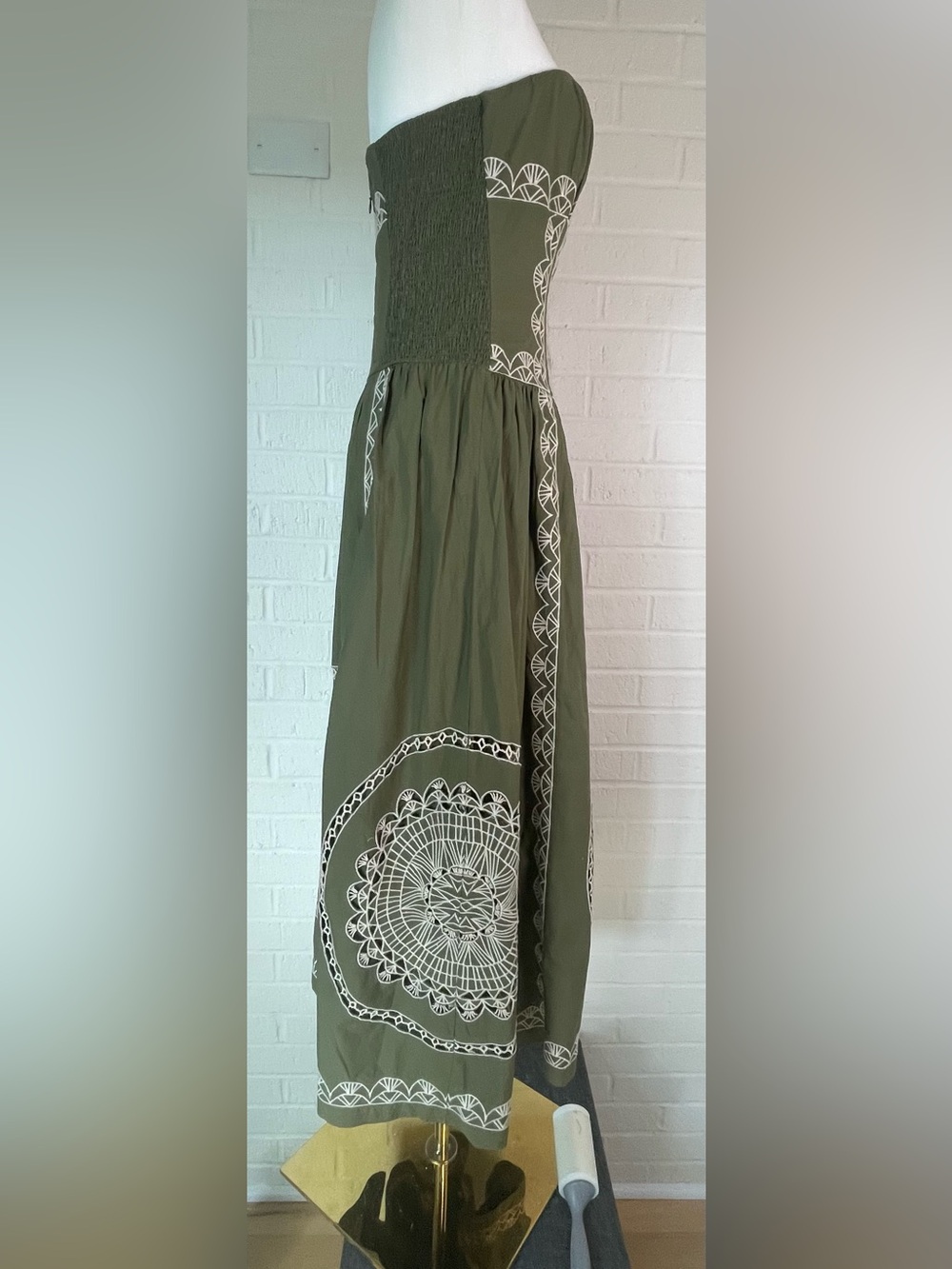 Anthropologie Strapless Olive Green Embroidered Cotton Midi Dress NWT Small - Picture 5 of 11
